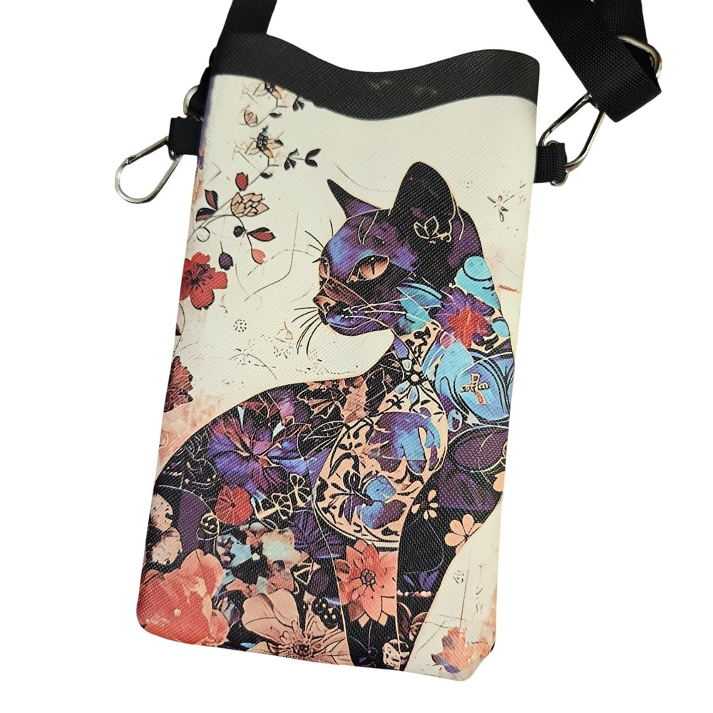 Floral Cat Art Crossbody Phone Pouch Multicolor Adjustable Strap Small Bag